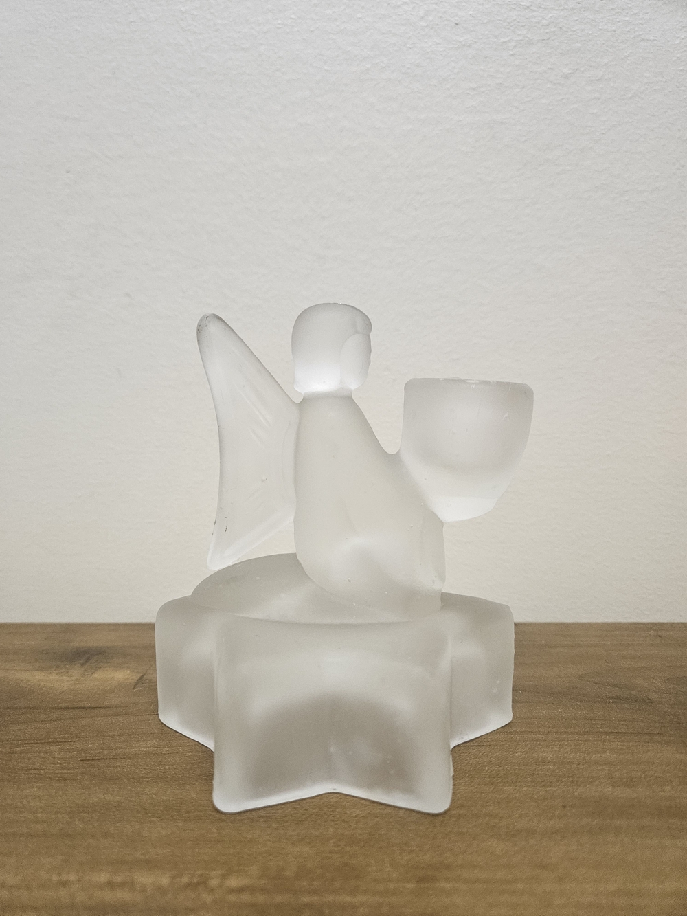 L.E. Smith Frosted White Glass Angel Star Candlestick Holder Vintage 1980s Decor